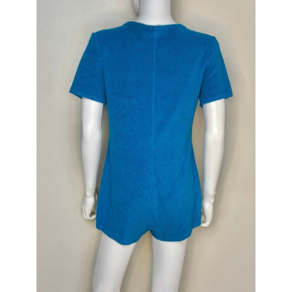 Vintage 1960s Aqua Terrycloth Romper, Orange Floral Appliqué, Size M/L, Zip Up - Picture 4 of 6